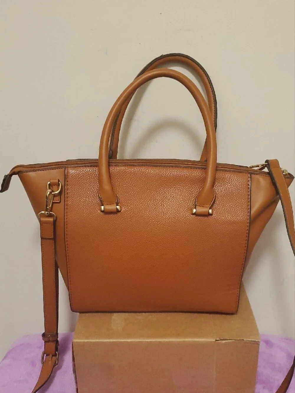 Ellen Tracy Cognac Brown Leather Satchel with Gold Hardware